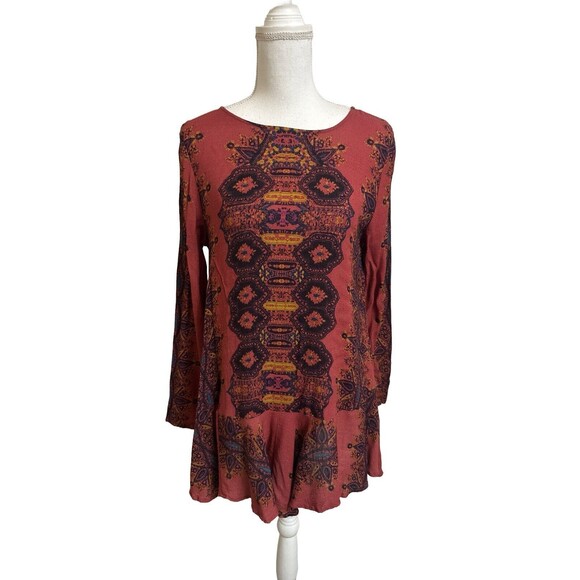 Free People Boho Dress Women's S Red Smooth Talker Paisley Open Back Tunic - Picture 3 of 7